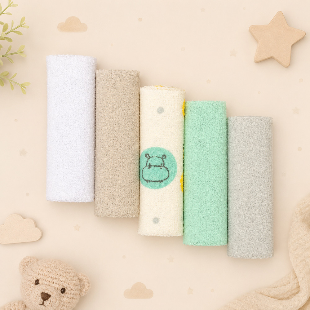 Kit 5 Toalhinhas de Boca Bebê Felpuda Estampada Neutro 32x25cm Algodão Hipoalergênico