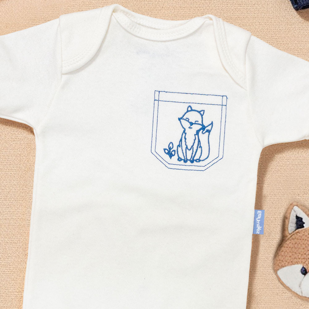 Body Manga Curta Bordado Bolsinho Floresta para Bebês Menino