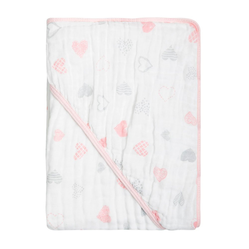 TOALHA FRALDA SOFT PARA BEBÊ COM CAPUZ 100% ALGODÃO CORAÇÃO ROSA