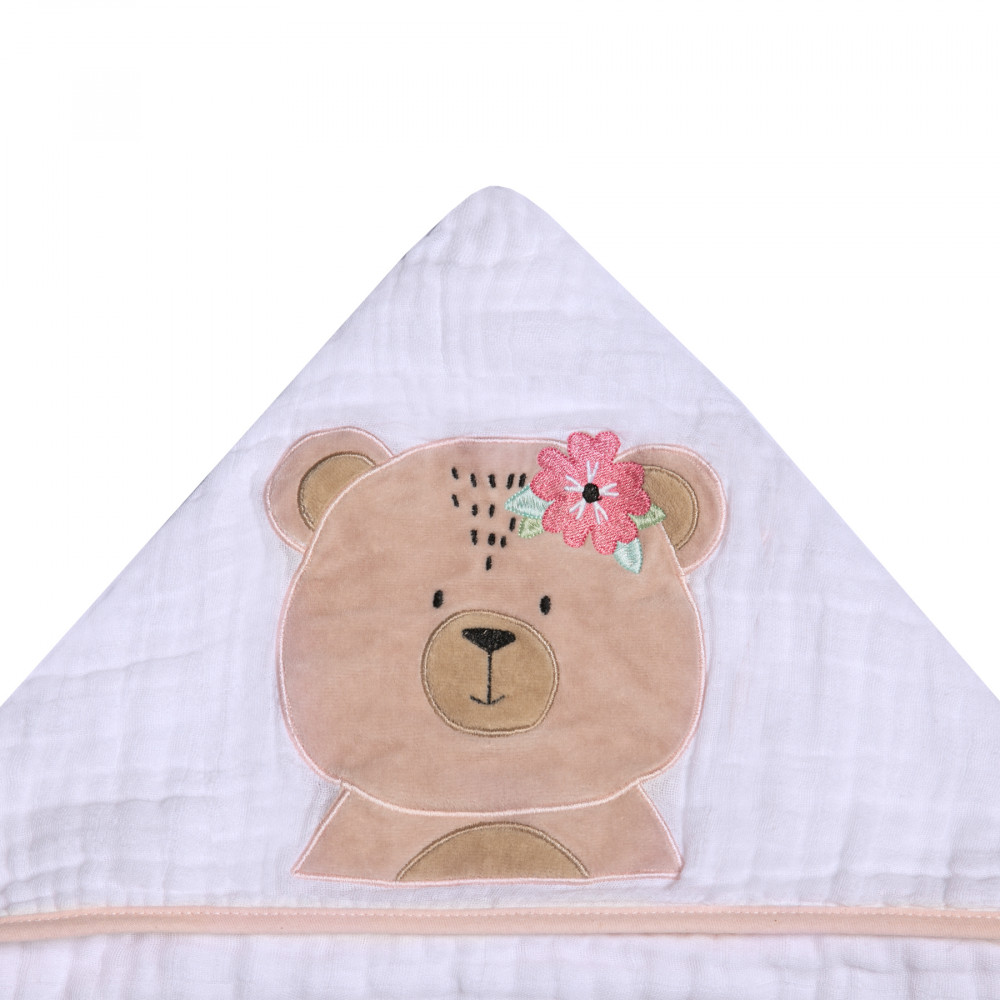 TOALHA COM CAPUZ FRALDA SOFT PARA BEBÊ 90CM X 75CM URSA ROSA CLARO