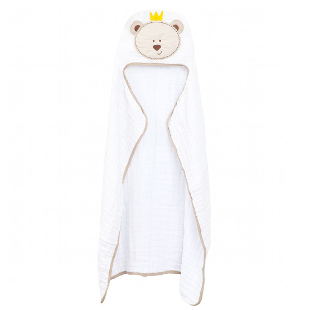 TOALHA FRALDA SOFT PARA BEBÊ 90CM X 75CM COM CAPUZ BORDADO URSINHO REI BEGE