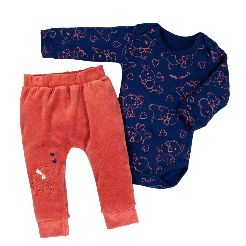CONJUNTO PARA BEBÊ BODY COM CALÇA PLUSH BORDADINHO ELEFANTINHO MARINHO