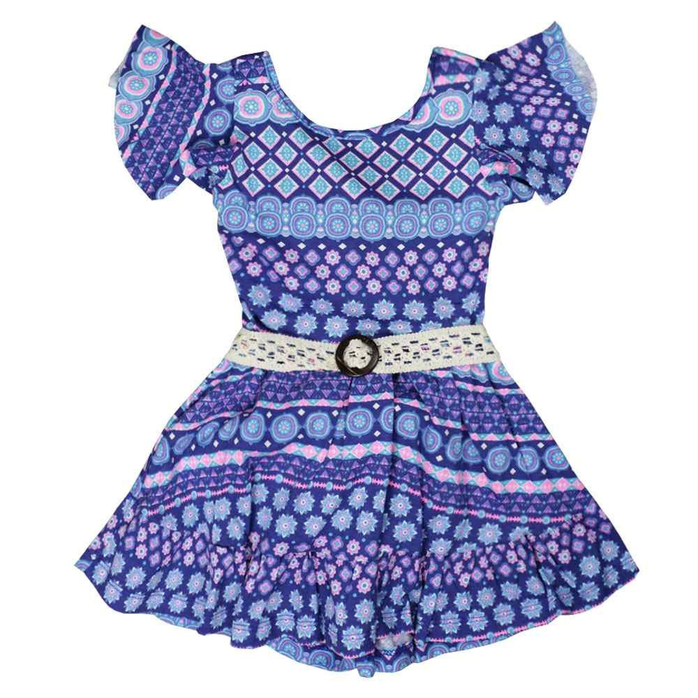 VESTIDO INFANTIL ESTAMPADINHO COM CINTO E BABADINHO AZUL MARINHO