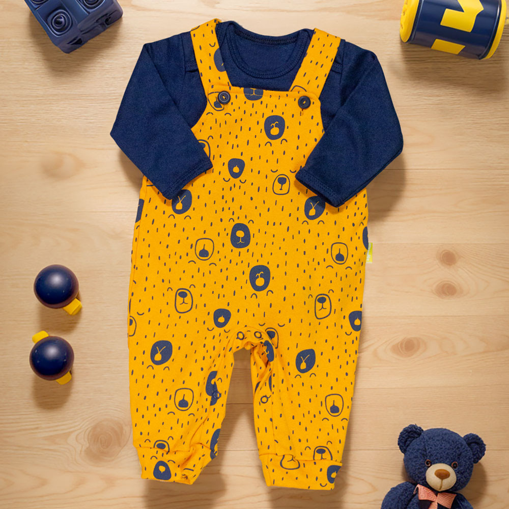 Kit jardineira com body manga longa bebê ursinho minimalista
