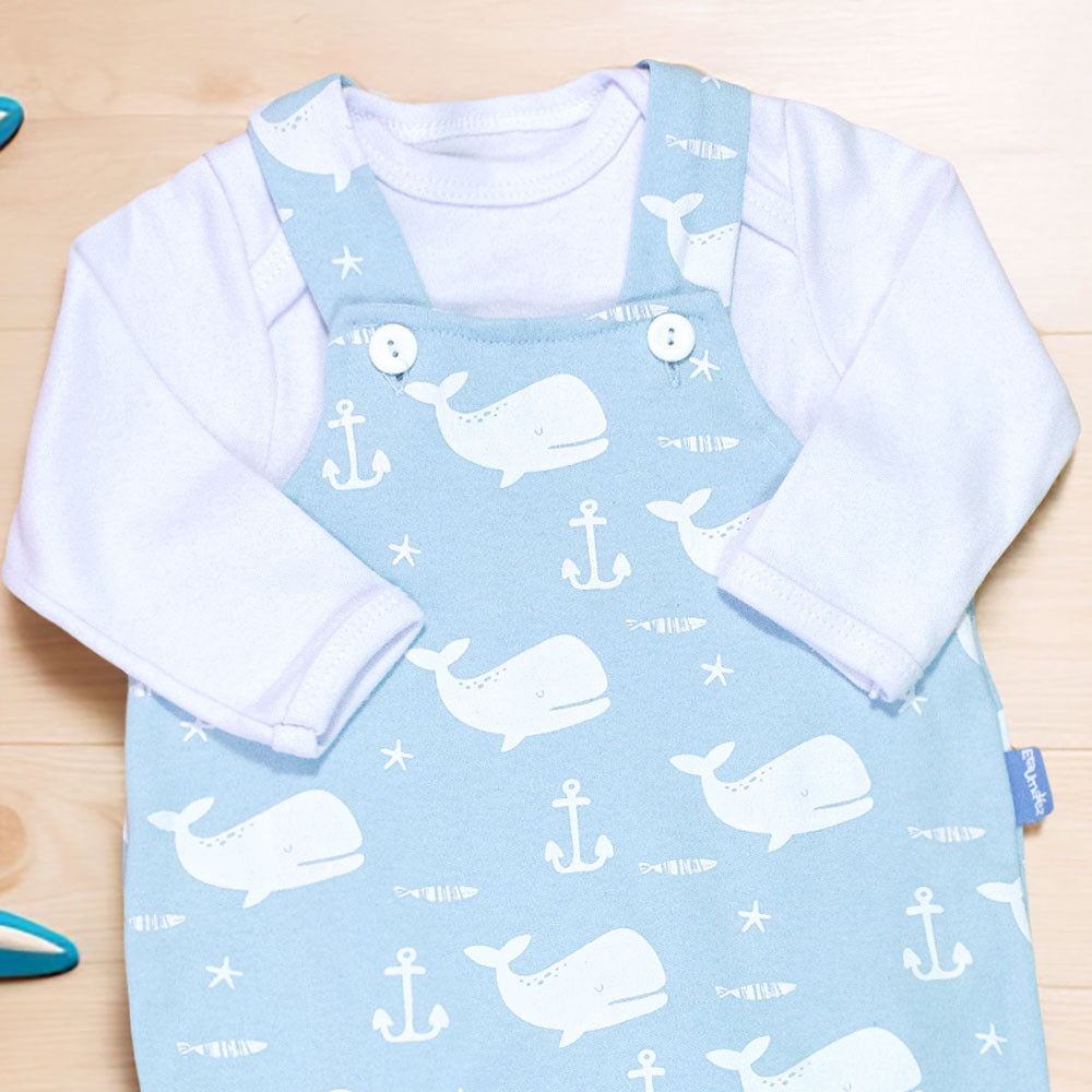 Conjunto Longo Jardineira e Body Bebê Baleia Minimalista