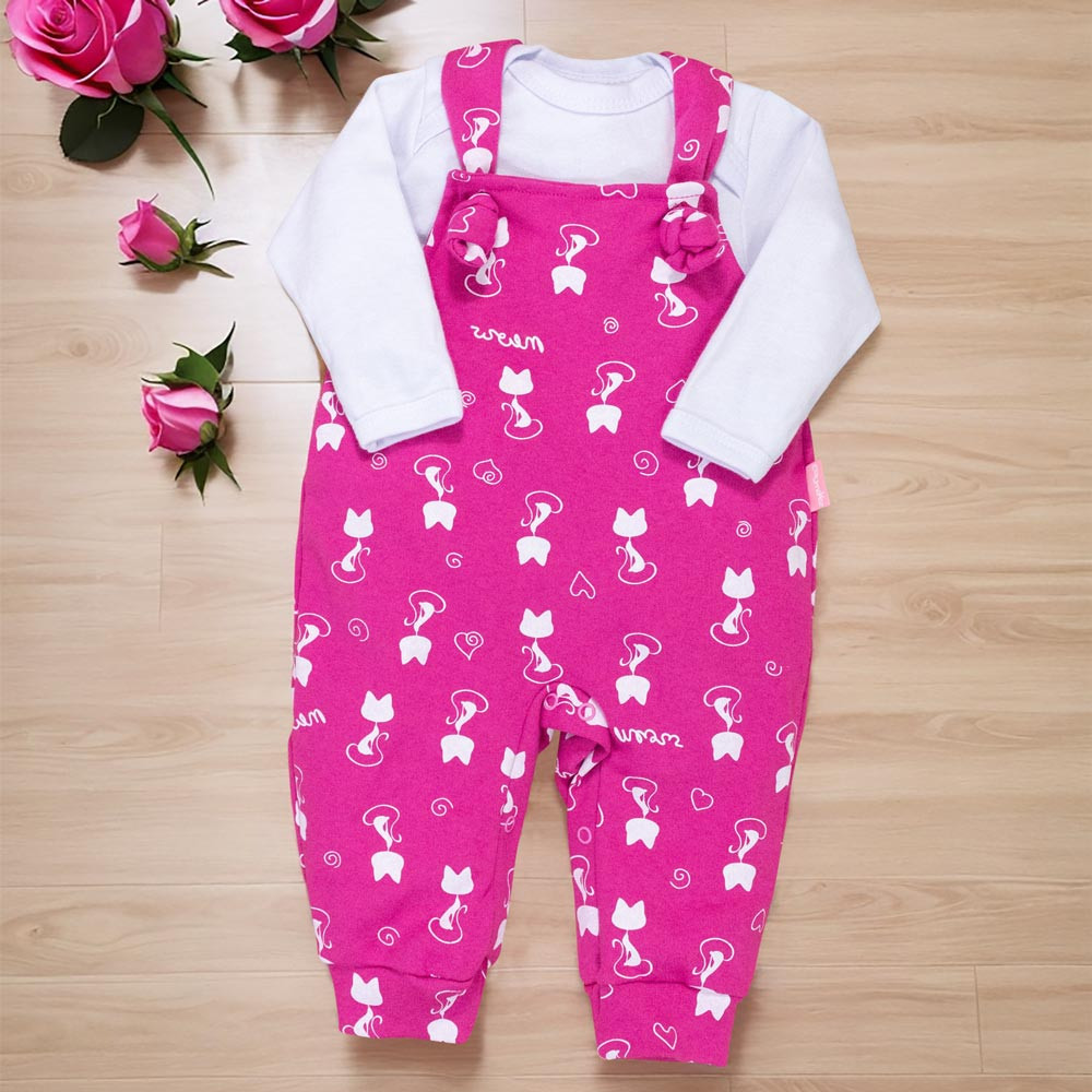 JARDINEIRA PARA BEBÊ MINIMALISTA COM BODY LONGO GATINHA PINK