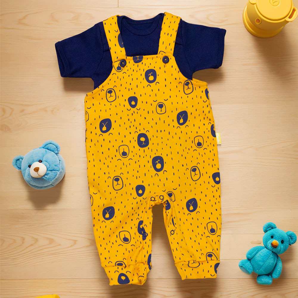 Kit Jardineira com Body Curto Ursinho Minimalista Mostarda