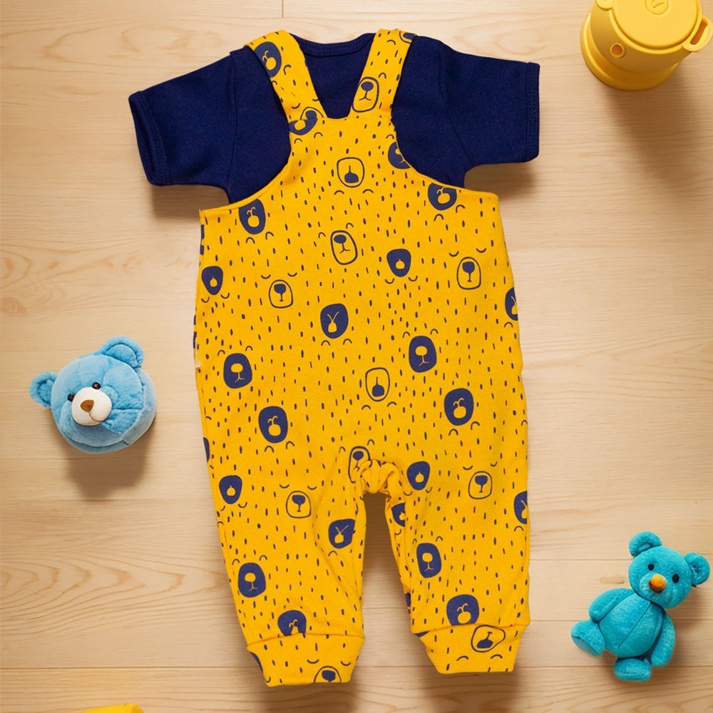 Kit Jardineira com Body Curto Ursinho Minimalista Mostarda