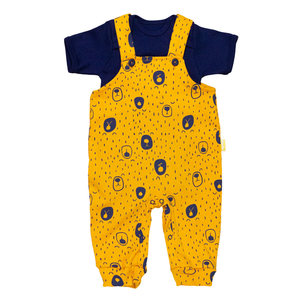 Kit Jardineira com Body Curto Ursinho Minimalista Mostarda