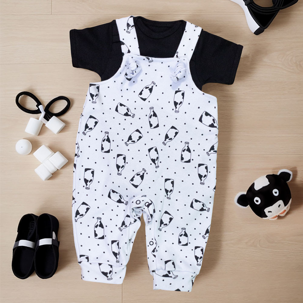 Kit Jardineira com Body Curto Milk Minimalista Branco Unissex