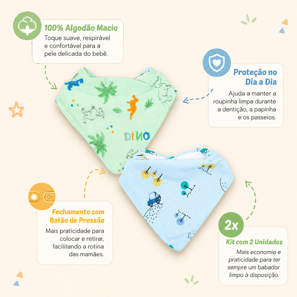 Kit 2 Babadores Bandana Premium Estampadinho Neutro 100% Algodão Multiuso