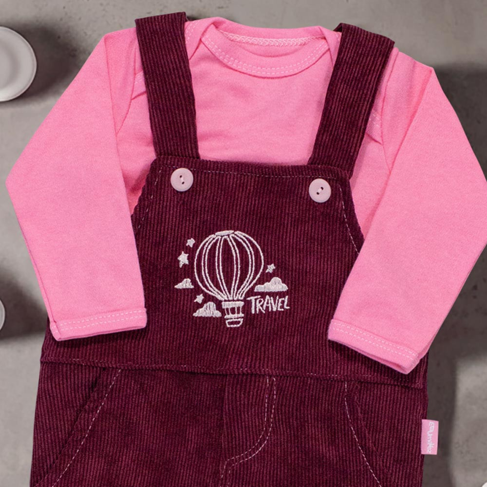 Jardineira para Bebê Meninas em Cotelê Bordada Balão Marsala