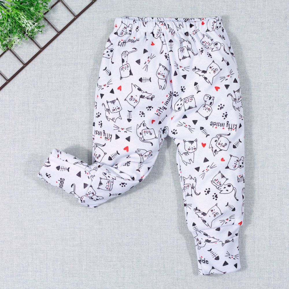 CALÇA PARA BEBÊ COM PÉ REVERSÍVEL ESTAMPADINHA GATINHA BRANCA