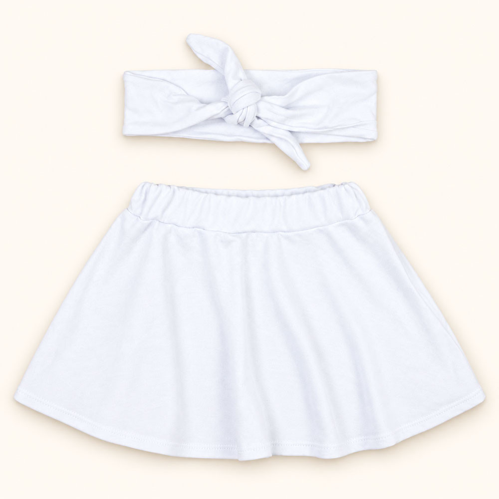 Conjunto Saia Em Malha e Faixinha De Cabelo Branco Veste Até 12 Meses