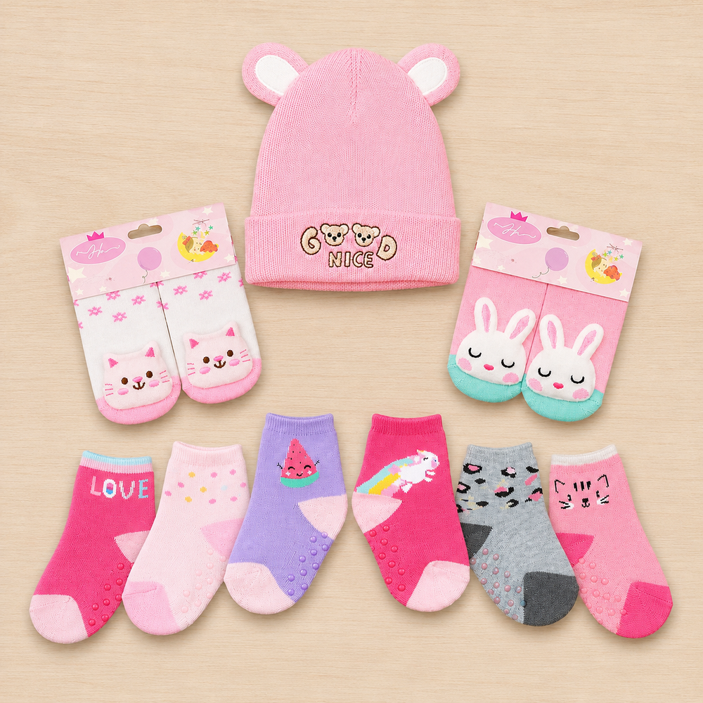 Kit Inverno Bebê 7 Peças Conjunto Moletom Touca Pantufa Meias Cereja de 0 a 12 Meses