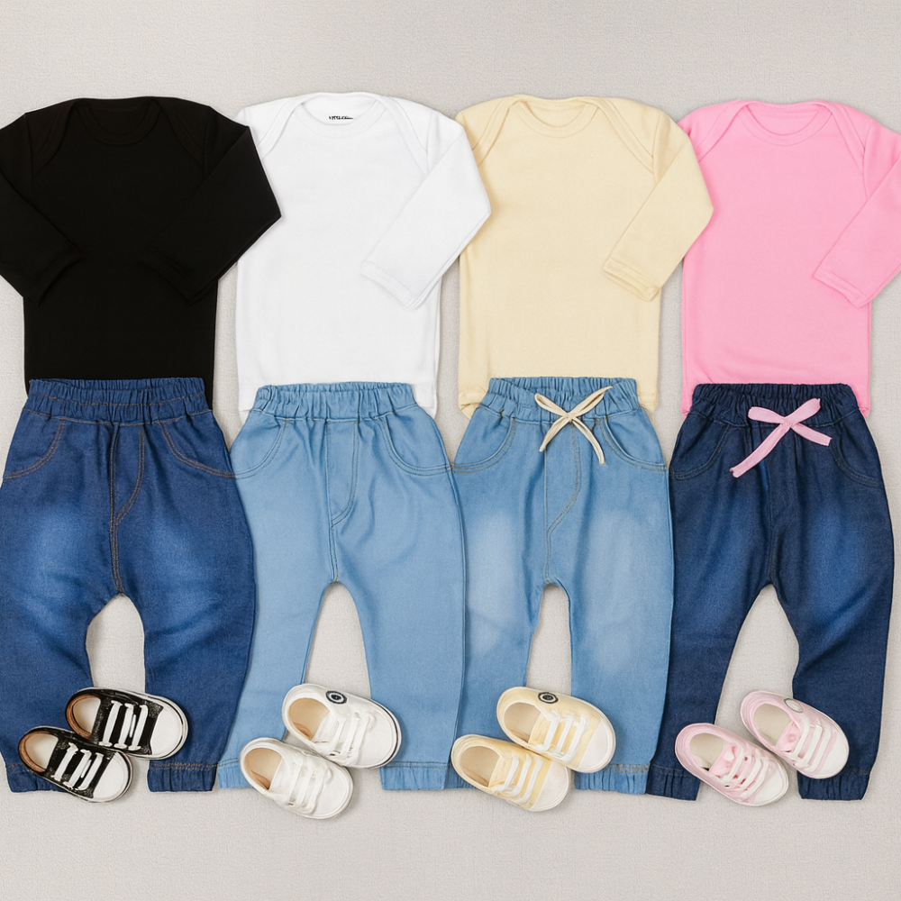 Look Completo Bebê Body Longo, Calça Jeans e Tênis Rosa 