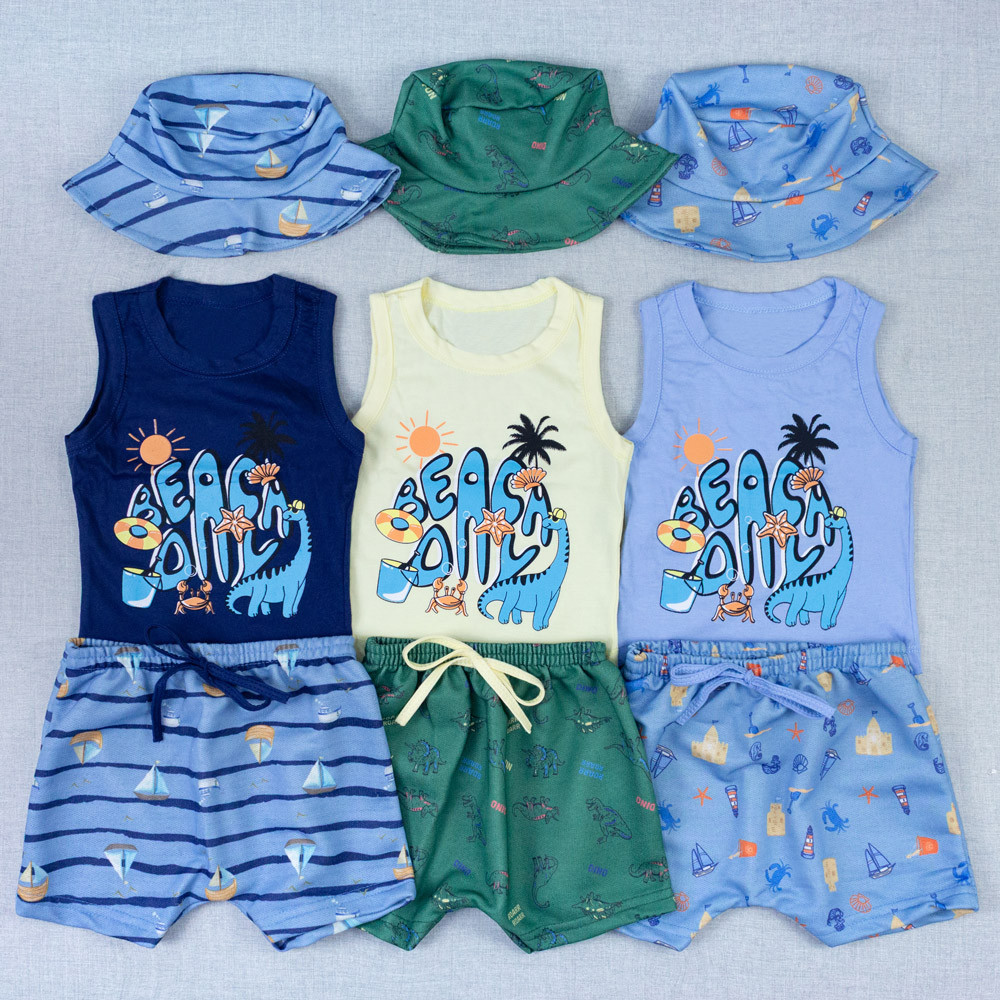 Conjunto Regata Bebê Camiseta Estampada Chapéu Bucket Bermuda