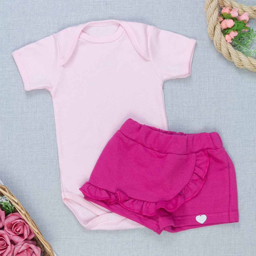 Conjunto Bebê Body Manga Curta e Shorts Saia Pink