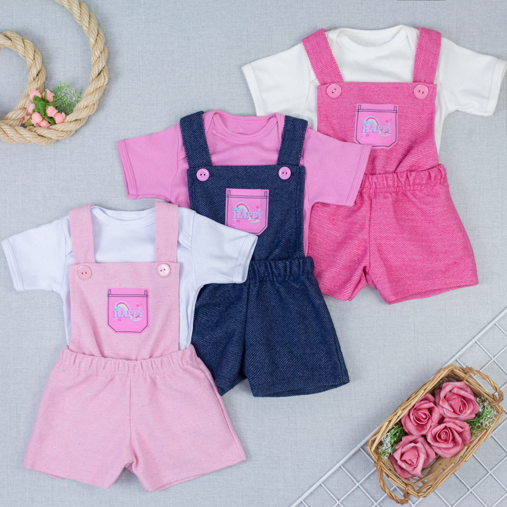 Conjunto Jardineira Bebê Menina com Body Manga Curta Look Fashion Marinho