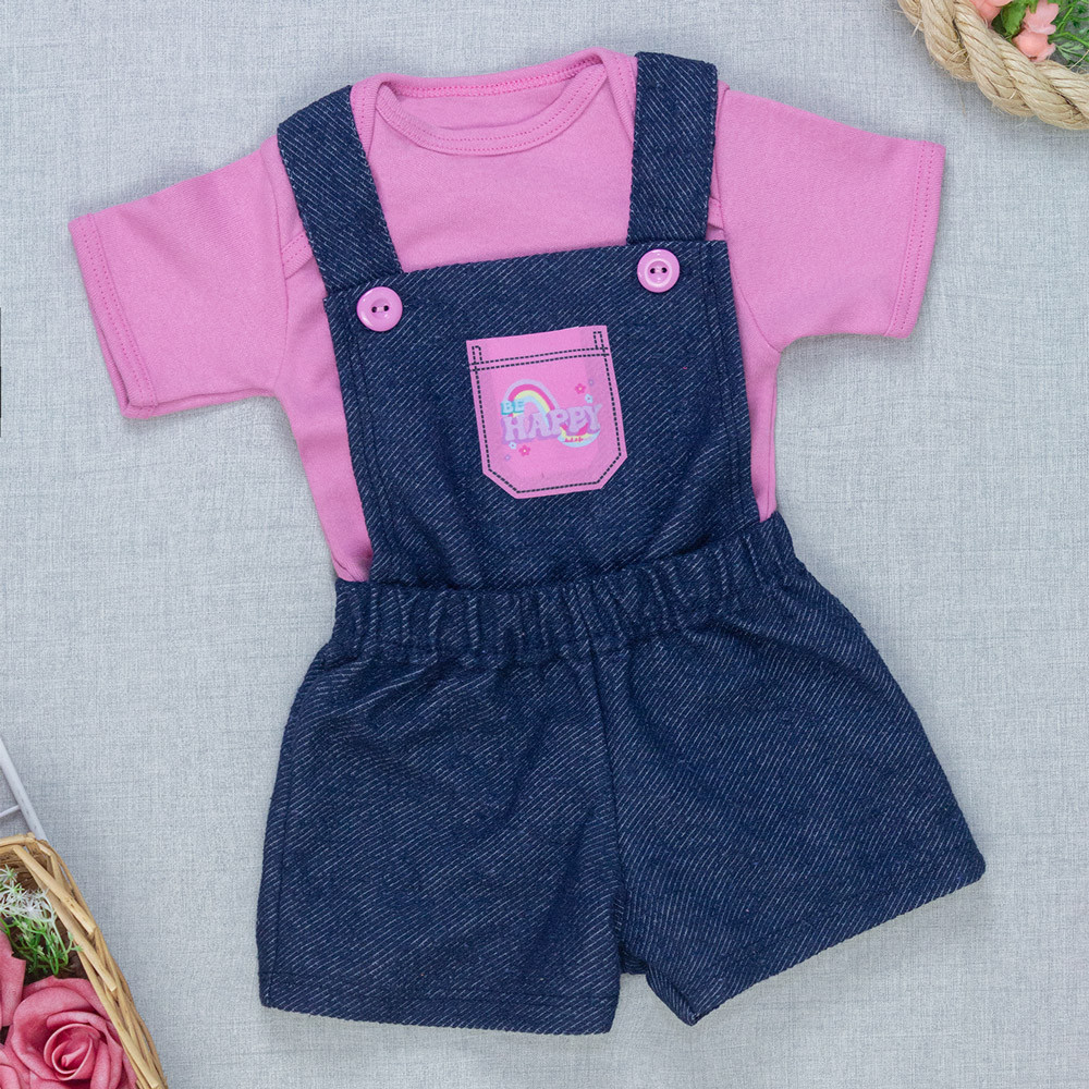 Conjunto Jardineira Bebê Menina com Body Manga Curta Look Fashion Marinho