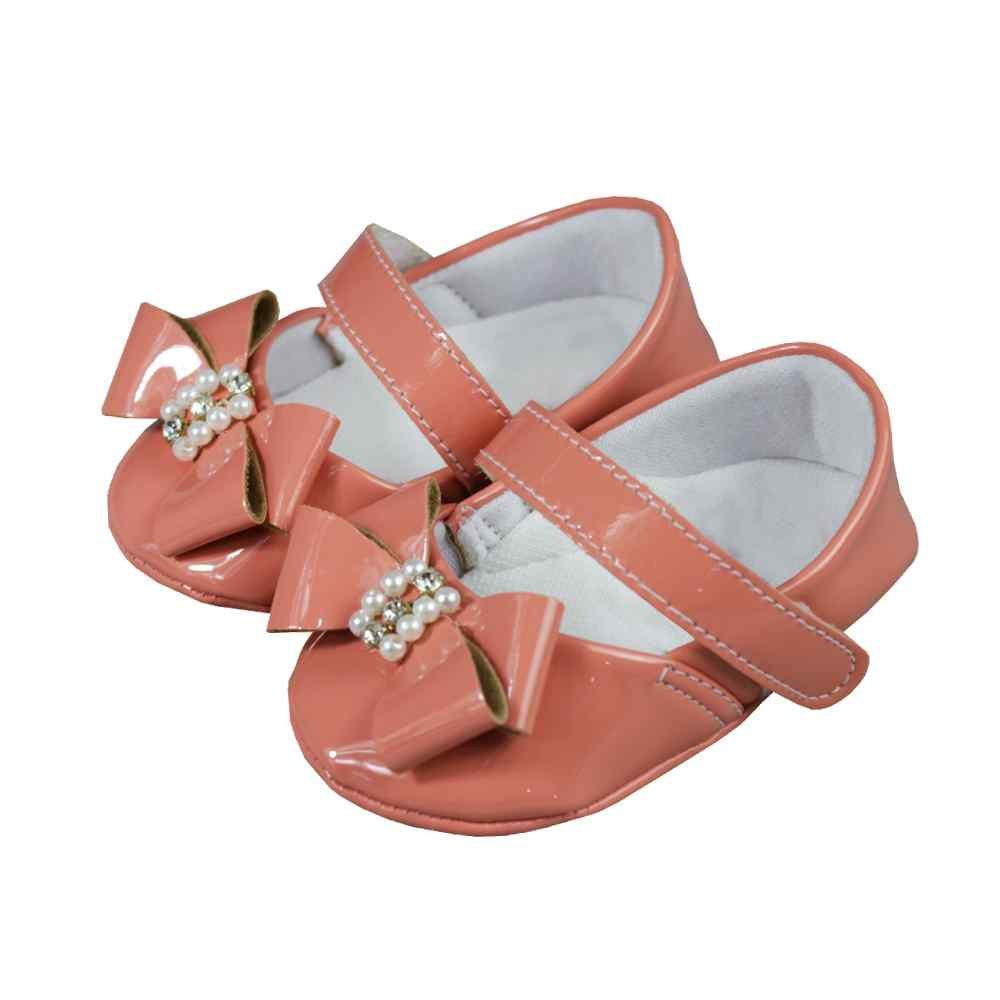 SAPATILHA PARA BEBÊ VERNIZ COM VELCRO E LAÇO SALMÃO