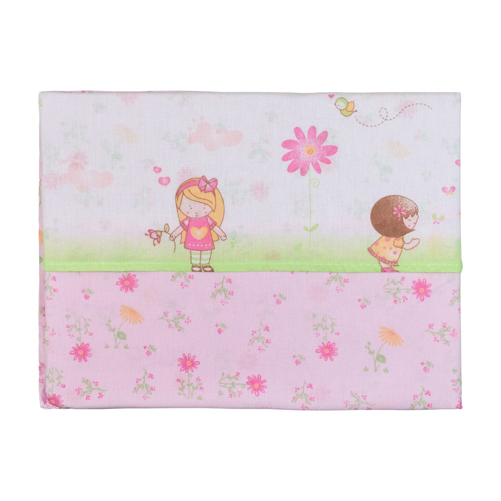 KIT BERÇO AMERICANO 03 PÇS LENÇOL COM ELÁSTICO, VIROL E FRONHA FLORES ROSA