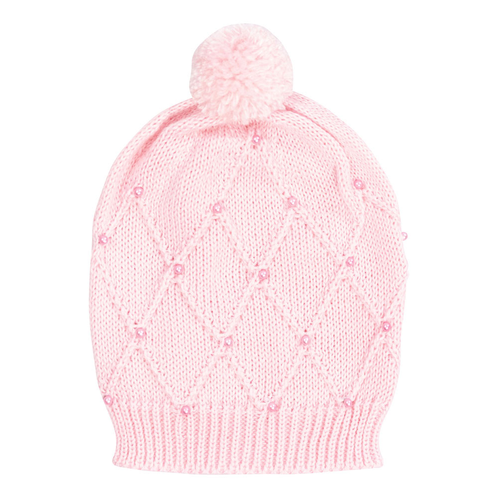 TOUCA EM TRICÔ COM PÉROLA E POMPOM PARA BEBÊ MENINA ROSA CLARO