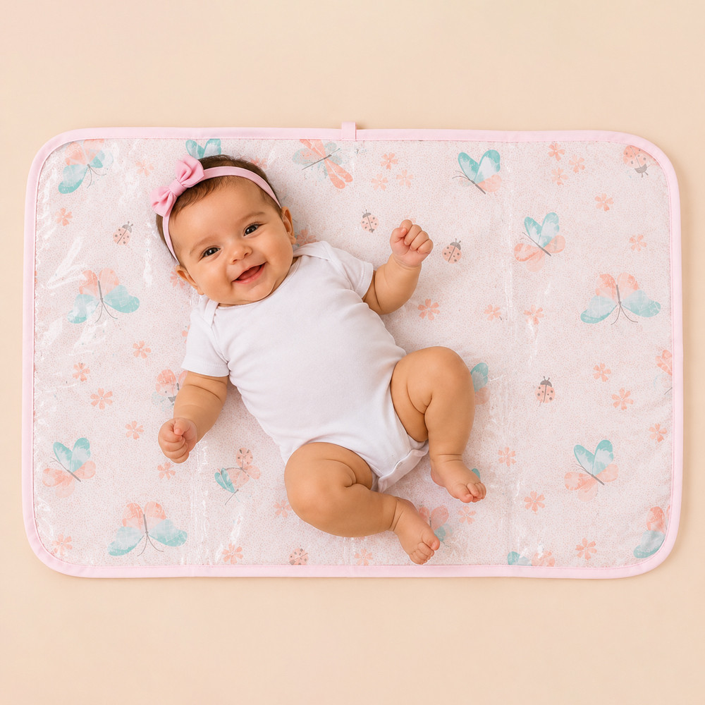 Trocador de Fralda Portátil Bebê Impermeável 75x45cm Algodão Hipoalergênico Estampa Borboletas