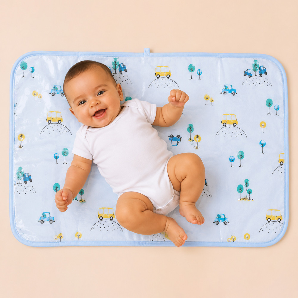 Trocador de Fralda Portátil Bebê Impermeável 75x45cm Algodão Hipoalergênico Estampa Carrinhos