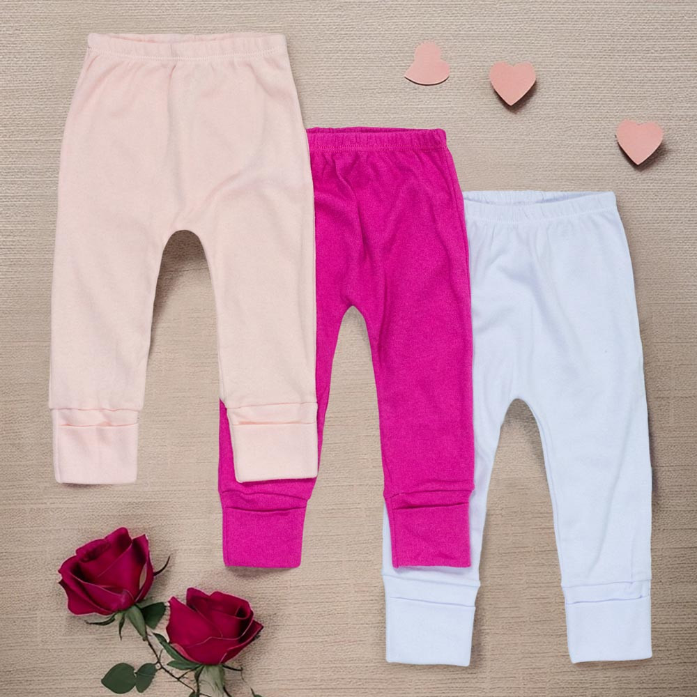 KIT CALÇA PARA BEBÊ MENINA COM PÉ REVERSÍVEL 3 PÇS BÁSICA