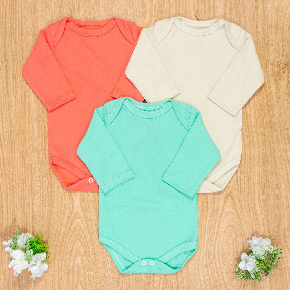KIT BODY PARA BEBÊ NEUTRO VERDE MANGA LONGA 3 PÇS BÁSICO COLORS