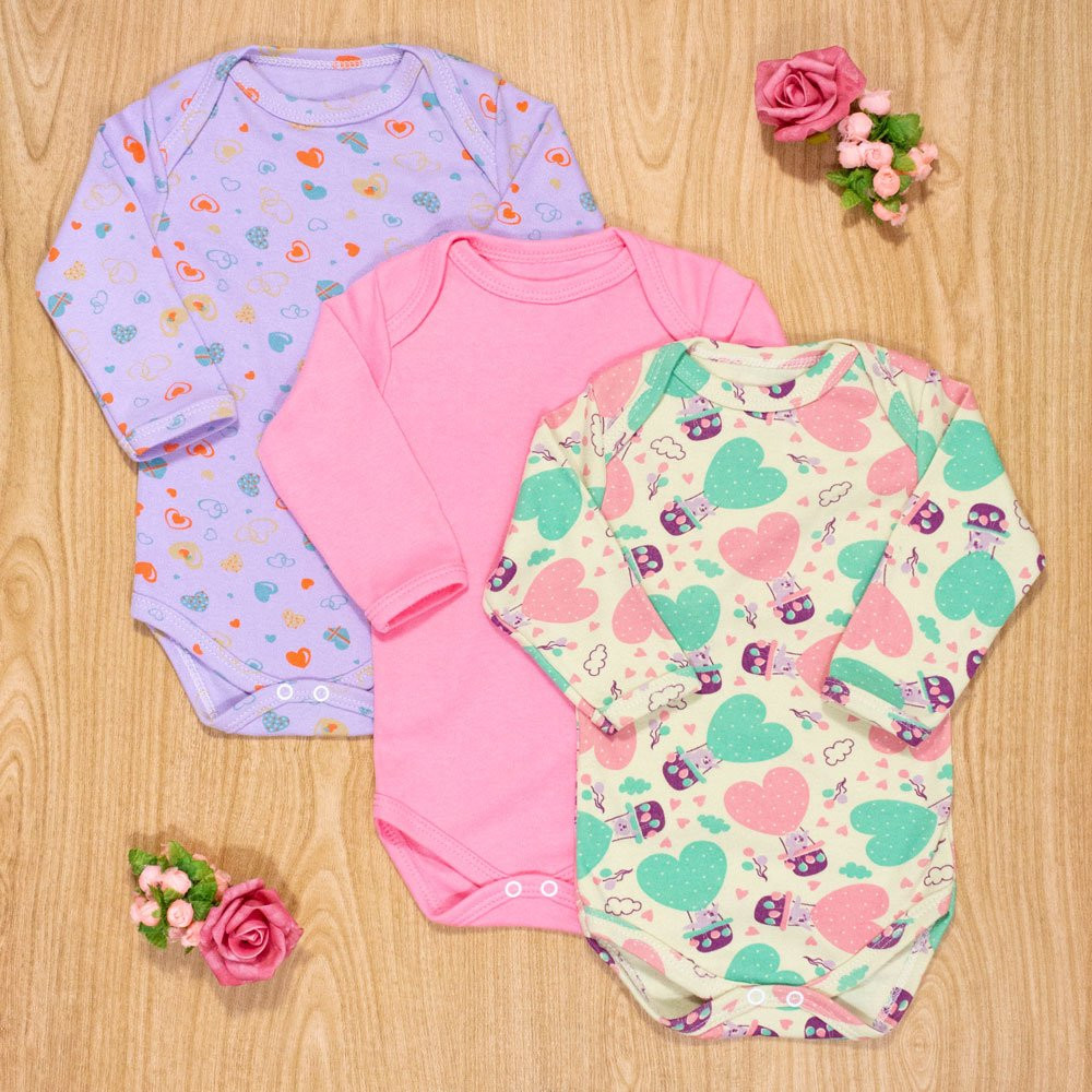 Kit Body para Bebê Manga Longa 3 Pçs Estampadinho Coração
