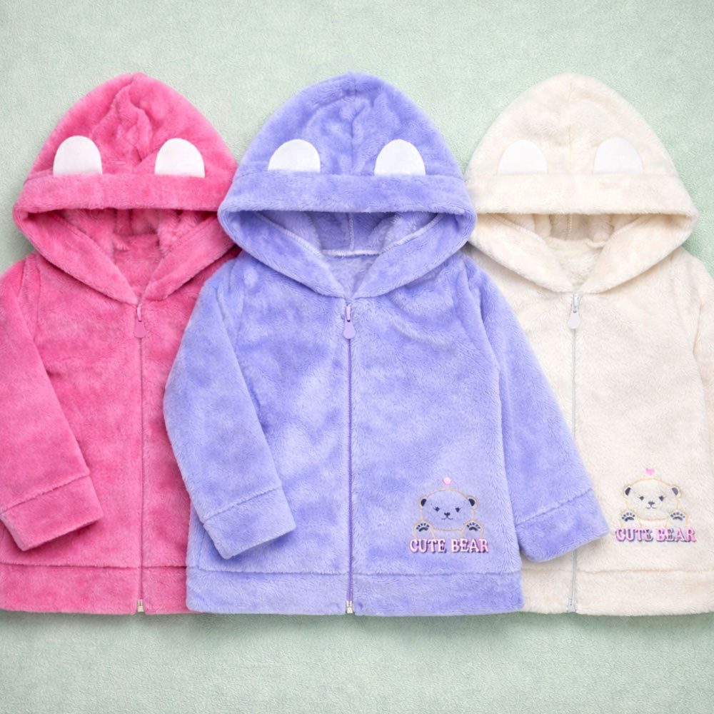 Blusa Capuz Orelinha Em Fleece Bebê Menina Inverno Rosa
