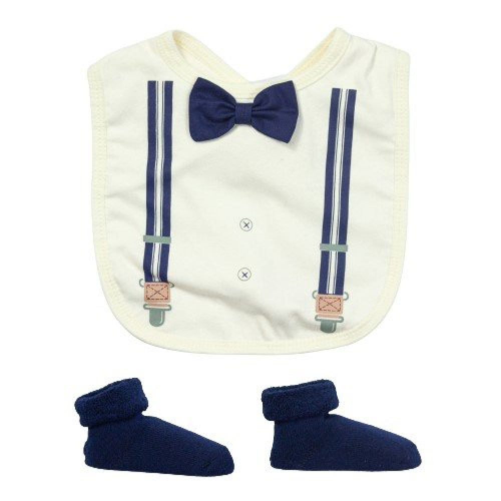KIT BABADOR E MEIA PARA BEBÊ ESTAMPADINHO COM GRAVATINHA CREME