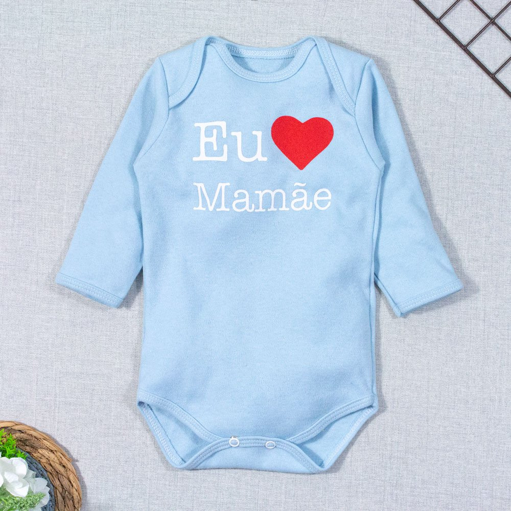 BODY PARA BEBÊ MANGA LONGA FRASE EU AMO A MAMÃE AZUL CLARO