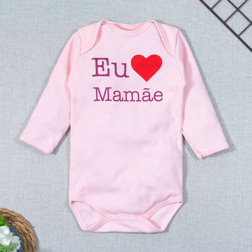 BODY PARA BEBÊ MANGA LONGA FRASE EU AMO A MAMÃE ROSA CLARO