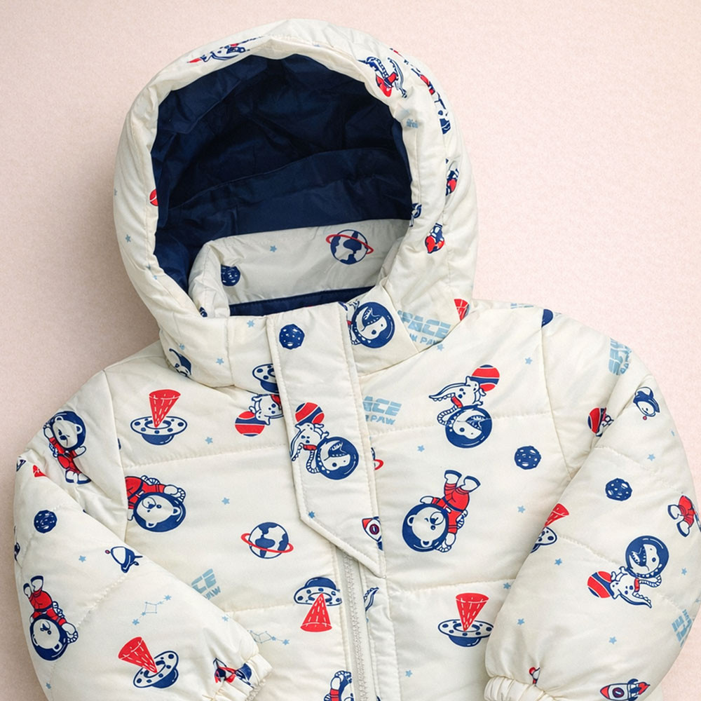 Jaqueta de Inverno Puffer Forrada Com Capuz Space Creme Para Bebês Até 3 anos