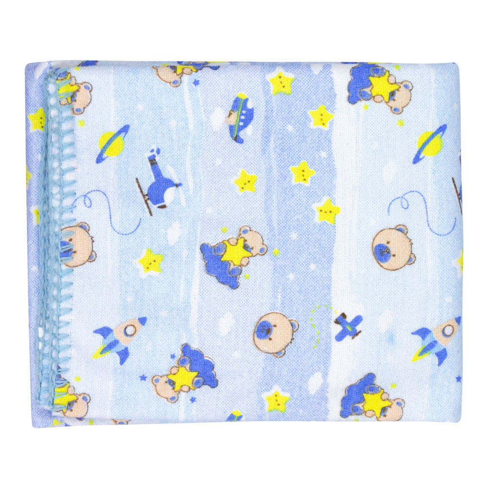 COBERTOR PARA BEBÊ 90CM X 110CM ESTAMPADO URSO ESTRELA AZUL CLARO