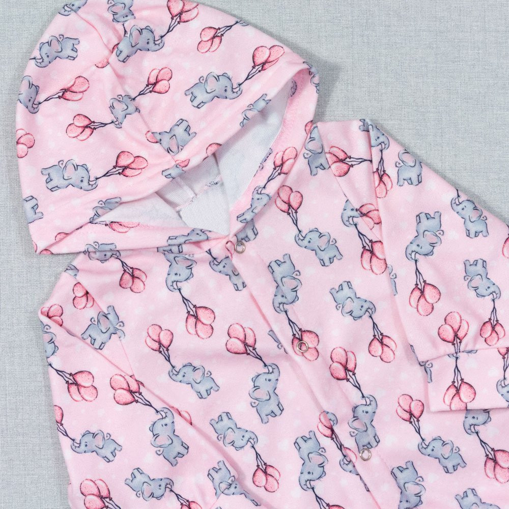 MACACÃO PARA BEBÊ DE SOFT COM CAPUZ ESTAMPADINHO ELEFANTE ROSA