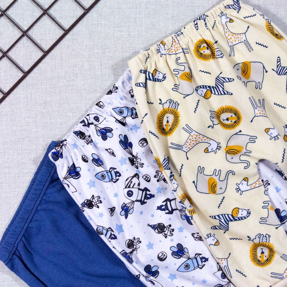 KIT CALÇA PARA BEBÊ 3 PEÇAS EM ALGODÃO PÉ REVERSÍVEL FOGUETE