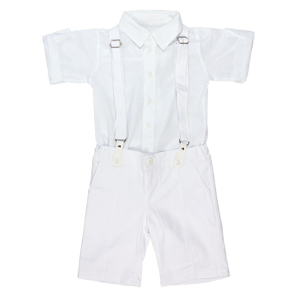 CONJUNTO BATIZADO INFANTIL BERMUDA COM SUSPENSÓRIO E CAMISA SOCIAL BRANCO