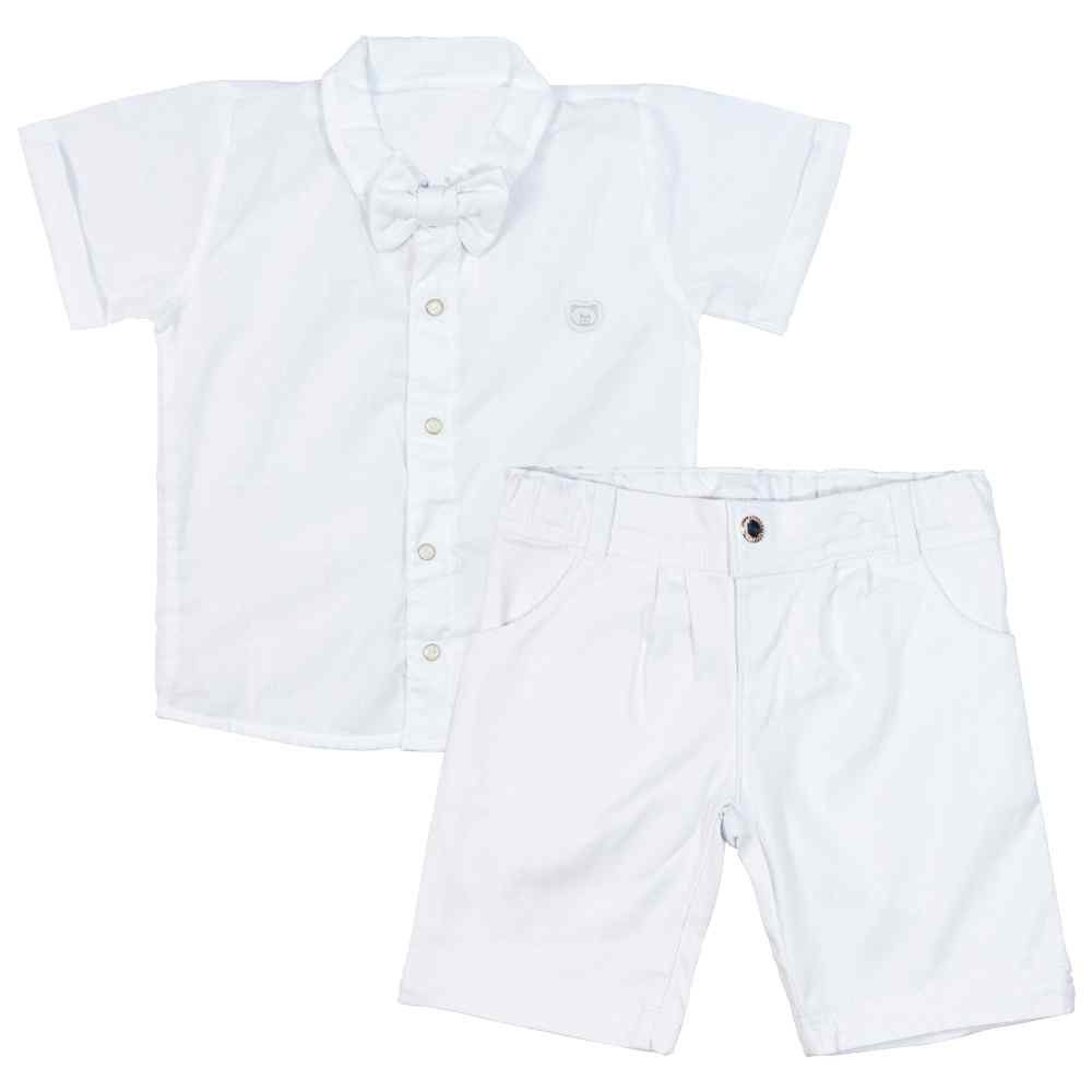 CONJUNTO BATIZADO INFANTIL BERMUDA, CAMISA E GRAVATA BORBOLETA BRANCO