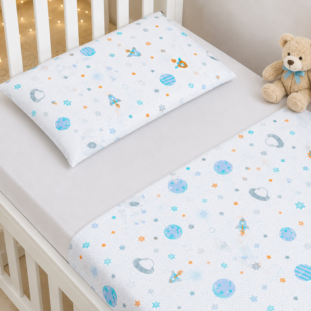 Jogo de Berço 3 Peças 100% Algodão Hipoalergênico Lençol Virol e Fronha Estampa Planetas