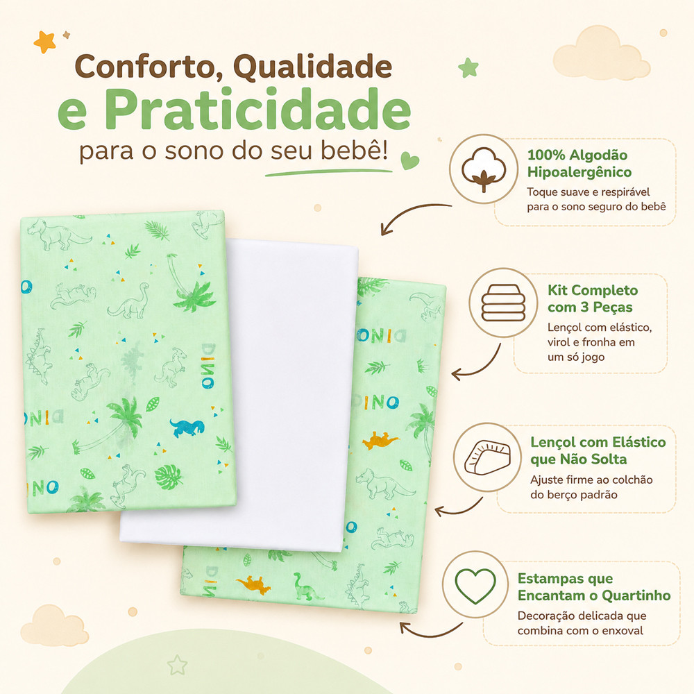 Jogo de Berço 3 Peças 100% Algodão Hipoalergênico Lençol Virol e Fronha Estampa Solzinho