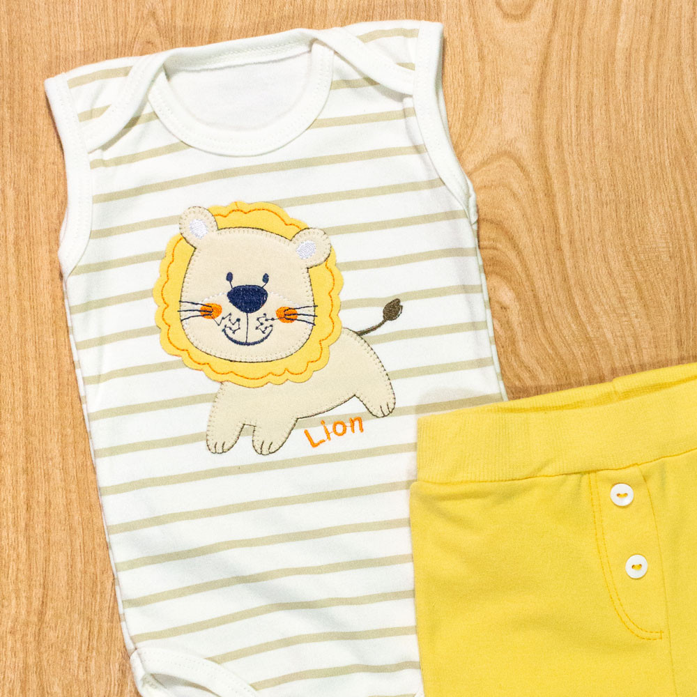 Conjunto para Bebê Body Regata e Shorts Listras Leão Amarelo