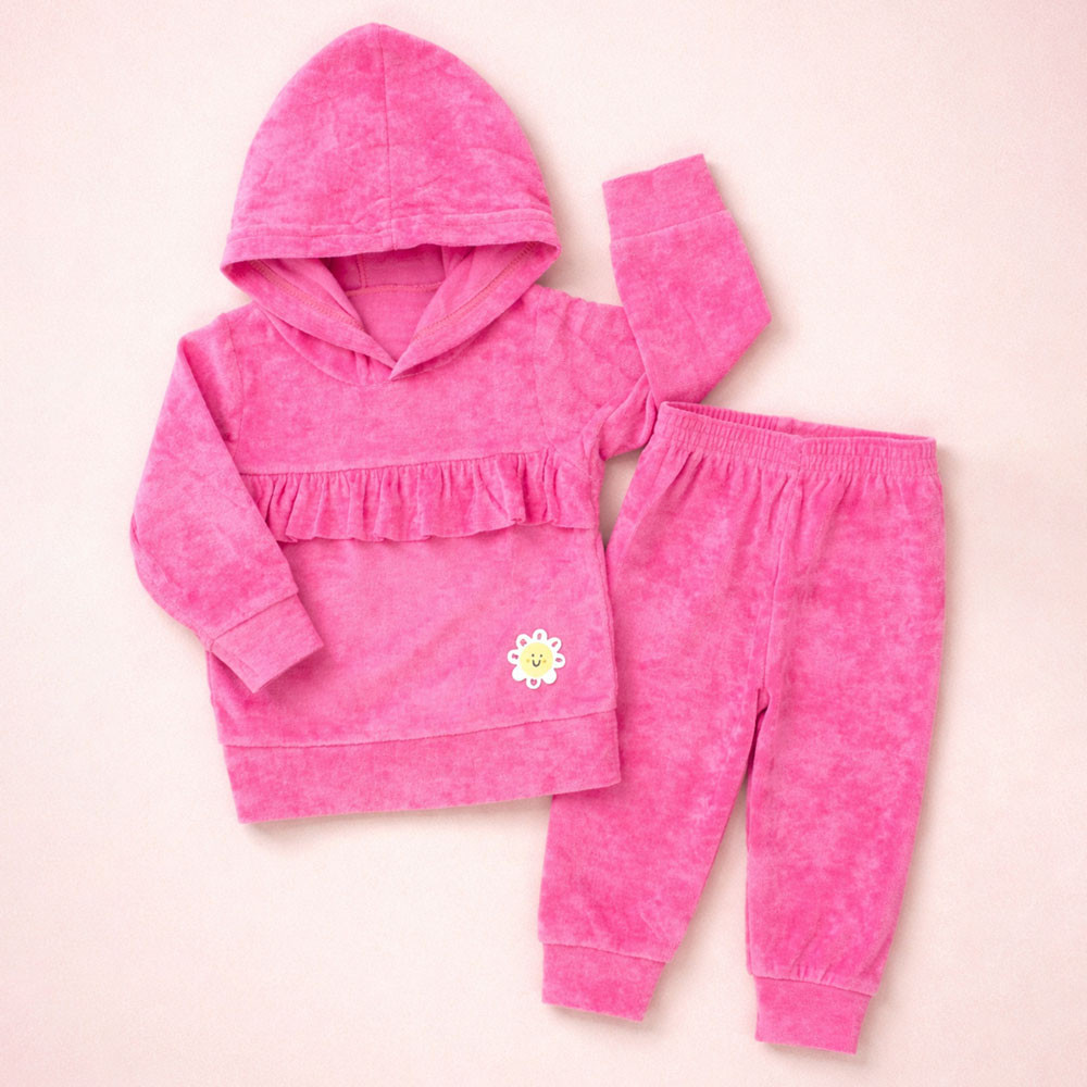 Conjunto Plush Bebê Menina com Babadinho e Capuz Toque Macio Cereja