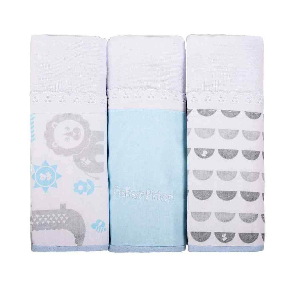 FRALDA DE PANO KIT 3 PEÇAS AZULZINHA PARA BEBÊ FISHER PRICE