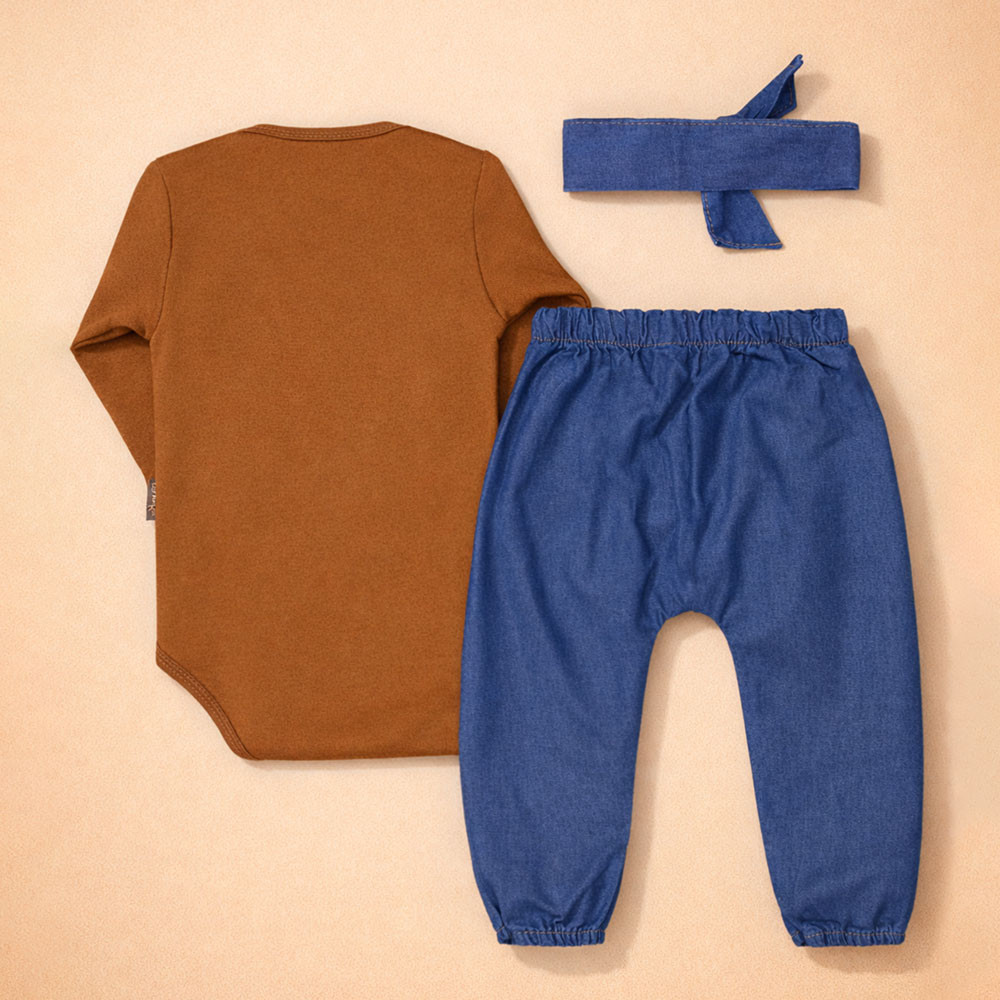 CONJUNTO PARA BEBÊ BODY E CALÇA JEANS BORDADO RAPOSA CHOCOLATE