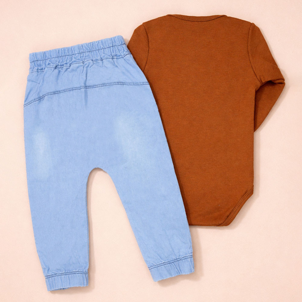 Conjunto para Bebê Body e Calça Jeans Bordado Raposa Chocolate