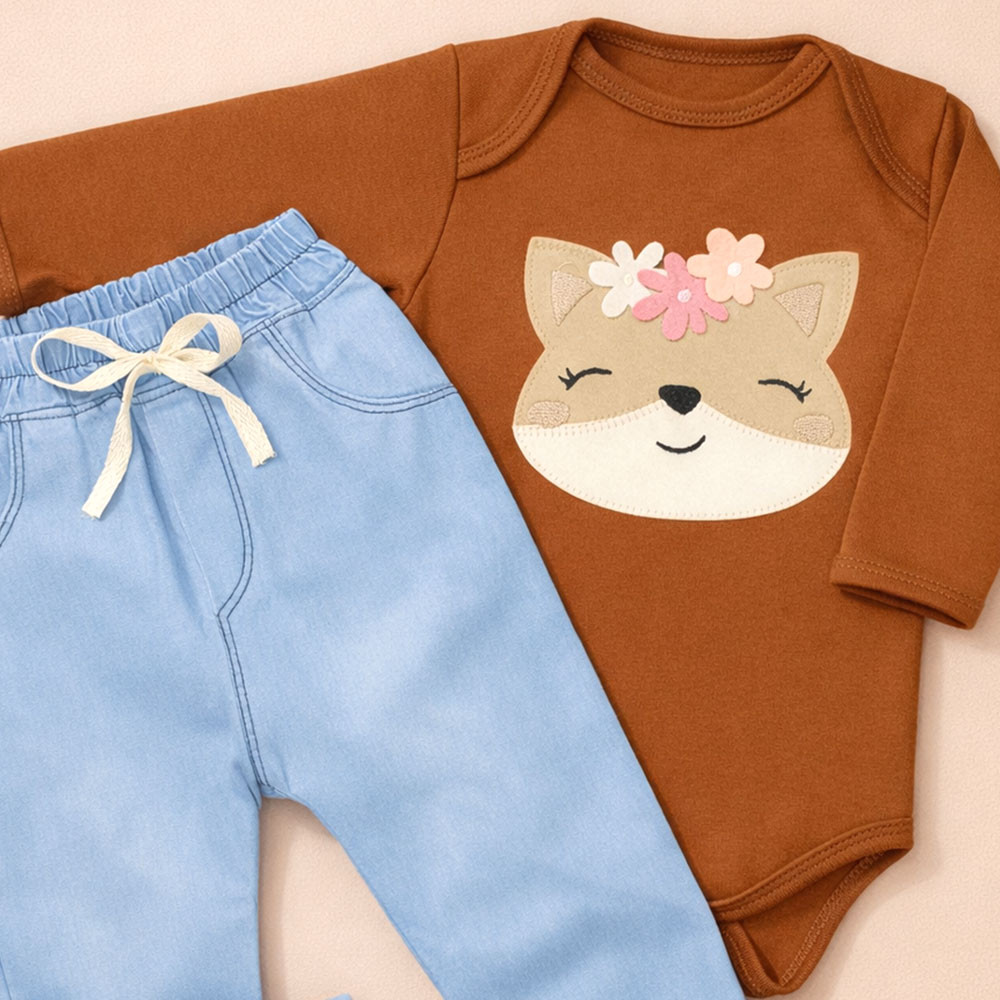 Conjunto para Bebê Body e Calça Jeans Bordado Raposa Chocolate
